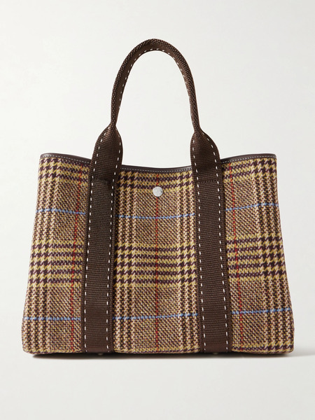  Rue De Verneuil   Traversée Medium Leather And Webbing Trimmed Checked Wool Blend Tote   Light Brown 