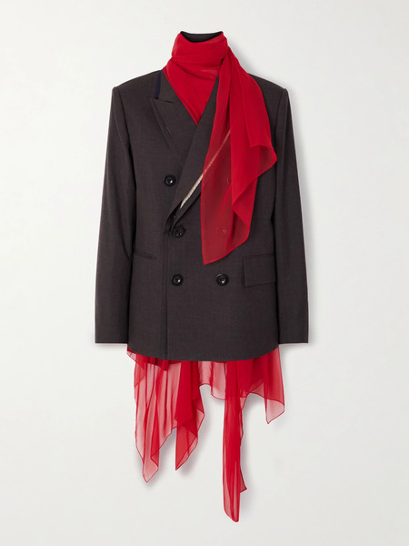  Sacai   Double Breasted Chiffon Trimmed Wool Blazer   Brown 