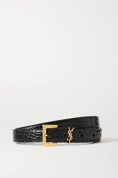  Saint Laurent   Cassandre Embellished Croc Effect Leather Belt   Black 