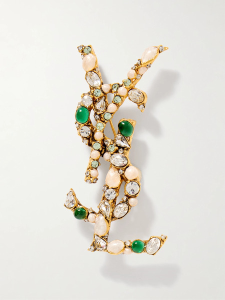  Saint Laurent   Cassandre Embellished Gold Tone Brooch   One Size 