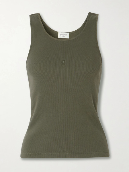 Saint Laurent   Cassandre Embroidered Ribbed Cotton Jersey Tank   Green 