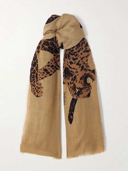  Saint Laurent   Frayed Printed Wool Twill Scarf   Brown 