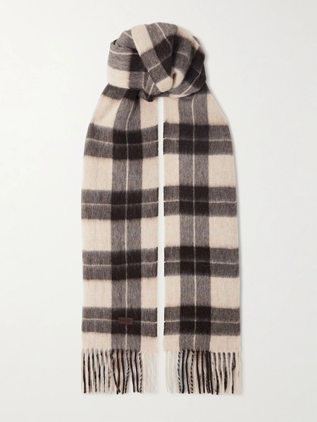  Saint Laurent   Fringed Checked Llama And Wool Blend Scarf   Dark Brown 