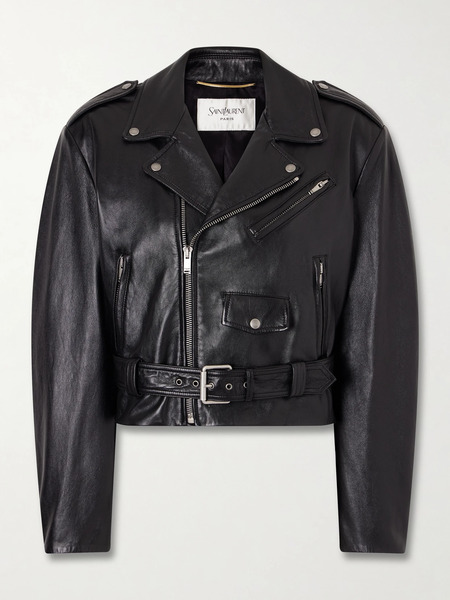  Saint Laurent   Glossed Textured Leather Biker Jacket   Black 