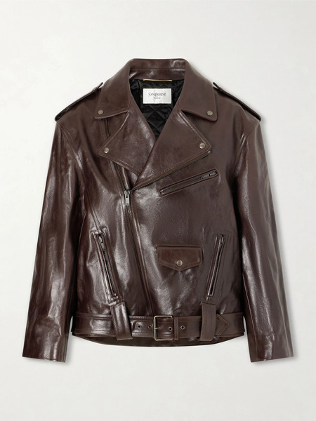  Saint Laurent   Glossed Textured Leather Biker Jacket   Dark Brown 
