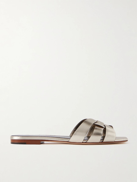  Saint Laurent   Tribute Woven Metallic Leather Slides   Platinum 