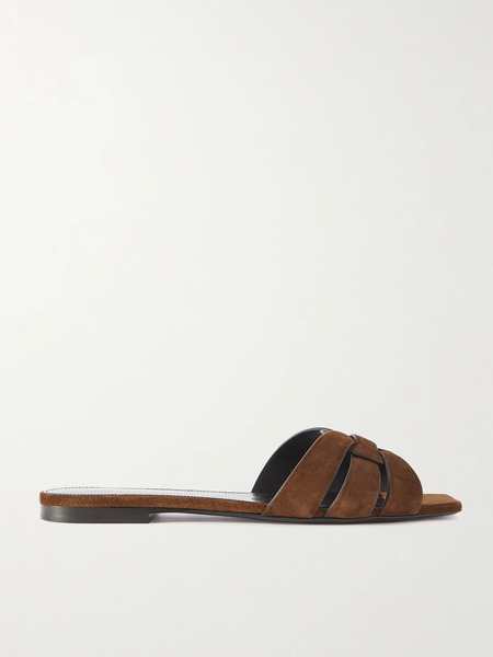  Saint Laurent   Tribute Woven Suede Slides   Brown 