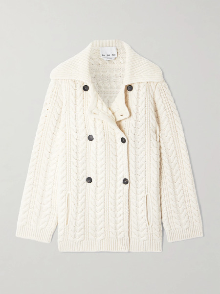 Sasuphi   Double Breasted Cable Knit Merino Wool And Cashmere Blend Cardigan   Ivory 