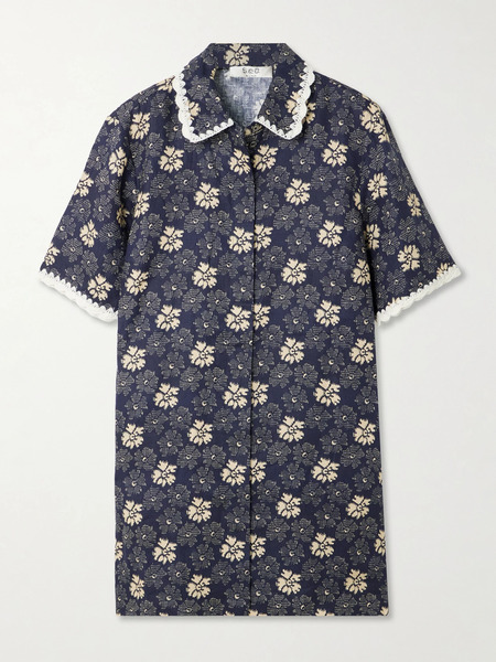  Sea   Gloria Embroidered Printed Linen Mini Dress   Navy 