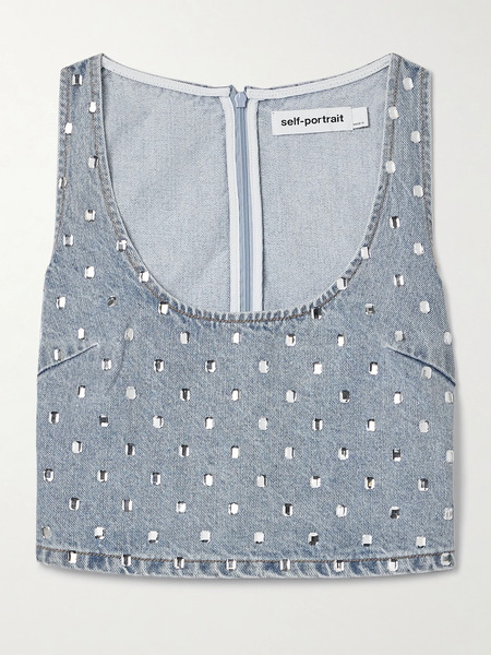  Self Portrait   Cropped Crystal Embellished Denim Tank   Light Denim 