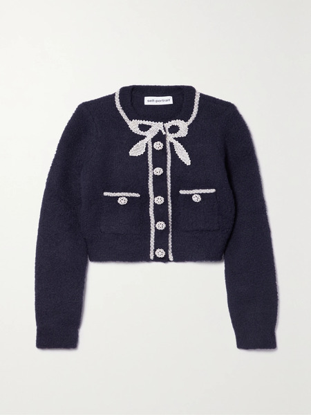  Self Portrait   Cropped Embellished Fleece Cardigan   Navy 