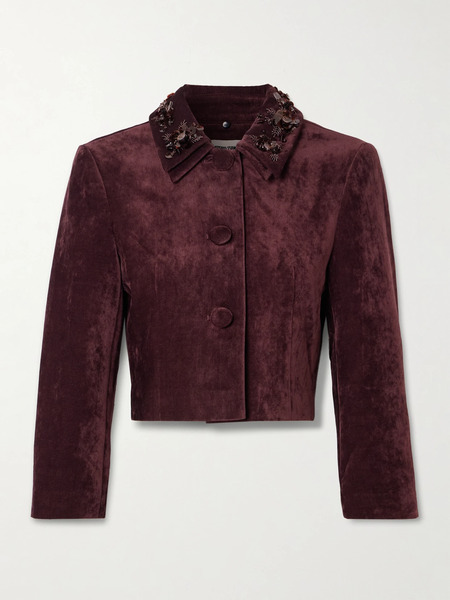  Shushu/tong   Cropped Embellished Velvet Jacket   Burgundy 