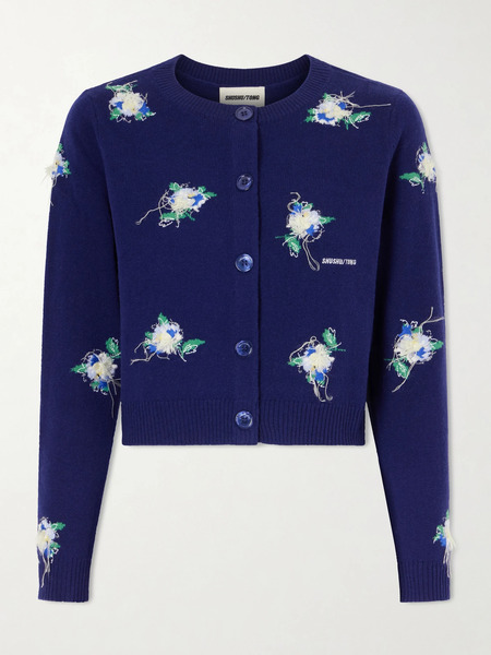  Shushu/tong   Cropped Embroidered Wool Cardigan   Navy 
