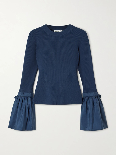  Simkhai   Agata Taffeta Trimmed Ribbed Knit Sweater   Navy 