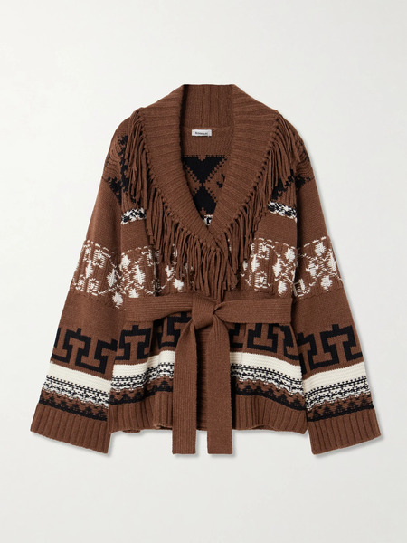  Simkhai   Elwood Belted Fringed Intarsia Wool And Cashmere Blend Cardigan   Brown 