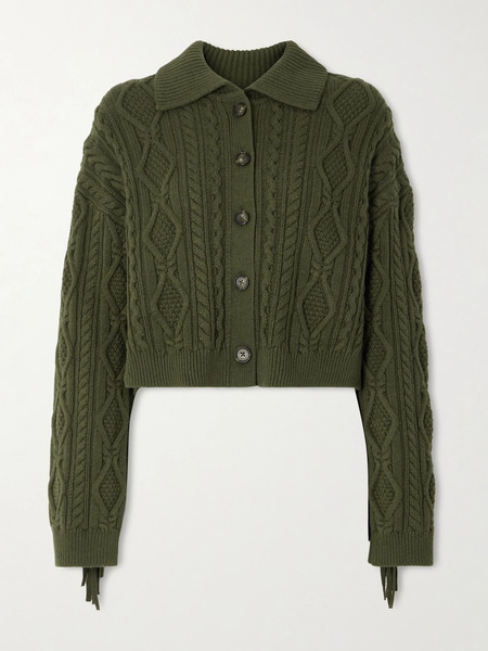  Simkhai   Virginia Cropped Fringed Cable Knit Cotton And Wool Blend Cardigan   Green 