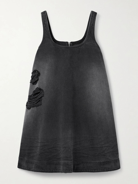  Simone Rocha   Distressed Embellished Denim Mini Dress   Black 