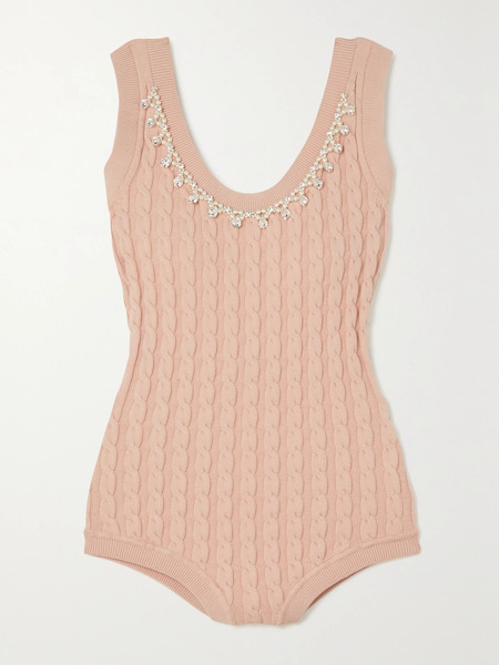  Simone Rocha   Open Back Embellished Cable Knit Bodysuit   Blush 