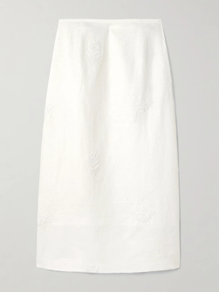  Sir.   Alessandra Embroidered Linen Midi Skirt   White 