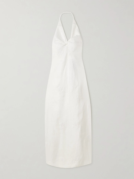  Sir.   Alessandra Twist Front Embroidered Linen Halterneck Midi Dress   White 