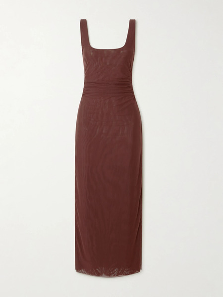  Sir.   Jacques Open Back Gathered Stretch Mesh Midi Dress   Brown 