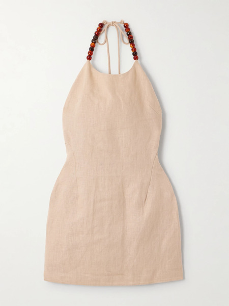  Sir.   Moretti Bead Embellished Linen Halterneck Mini Dress   Beige 