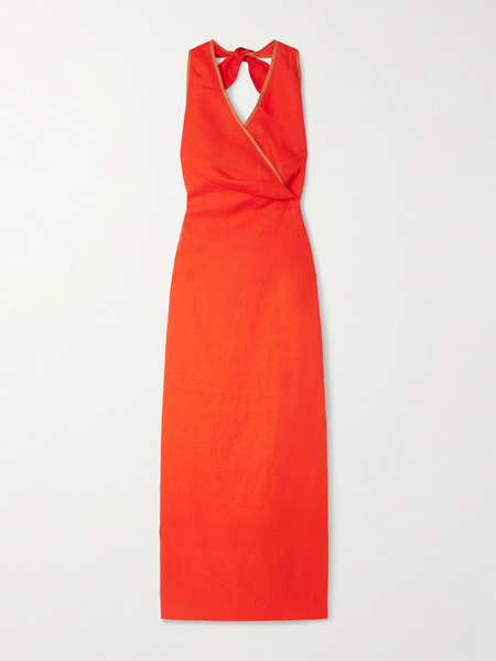 Sir.   Panettone Wrap Effect Linen Halterneck Midi Dress   Orange 