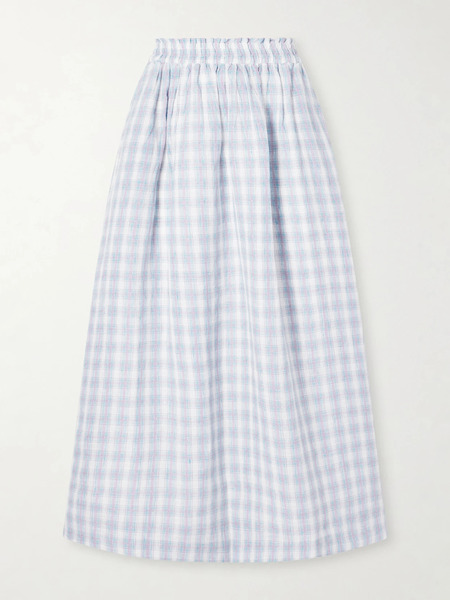  Skall   Pleated Checked Linen Midi Skirt   Purple 