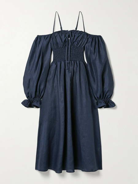  Sleeper   Cancan Cold Shoulder Shirred Linen Midi Dress   Navy 