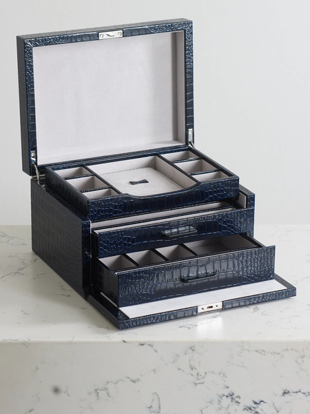  Smythson   Mara Croc Effect Leather Jewelry Box   Navy 