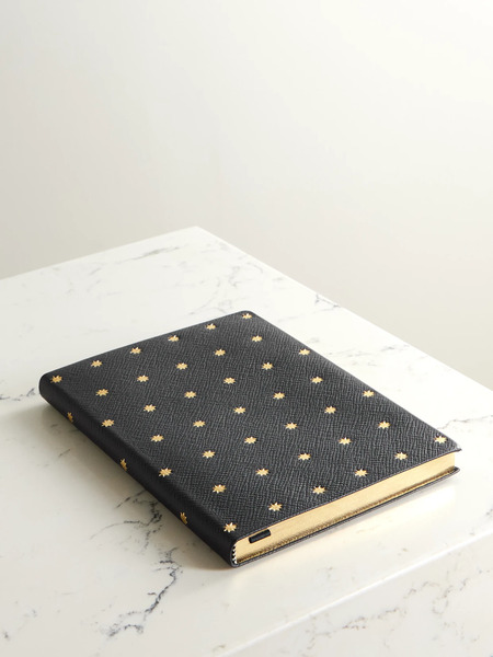  Smythson   Stars Soho Panama Debossed Metallic Textured Leather Notebook   Navy 