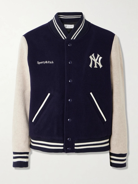  Sporty & Rich   + '47 And New York Yankees Leather Trimmed Embroidered Wool Felt Bomber Jacket   Navy 