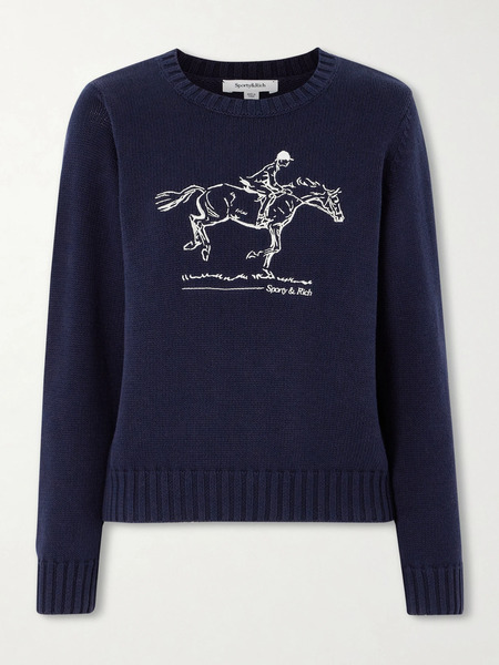  Sporty & Rich   Embroidered Cotton Sweater   Navy 