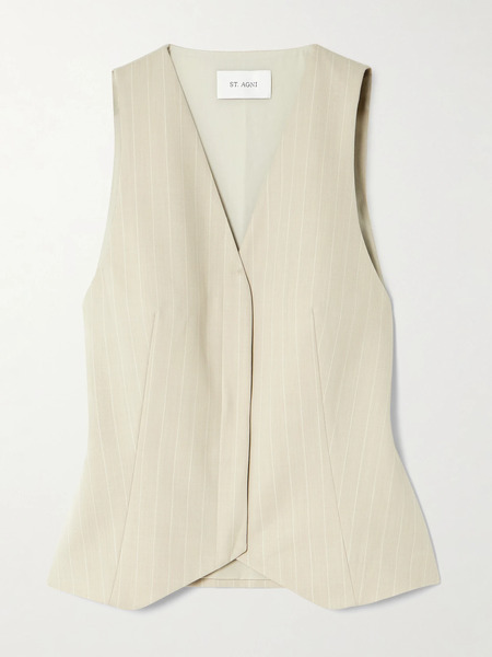  St. Agni   Pinstriped Wool Blend Twill Vest   Beige 