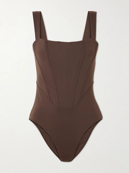  Staud   Adelaide Paneled Recycled Swimsuit   Dark Brown 
