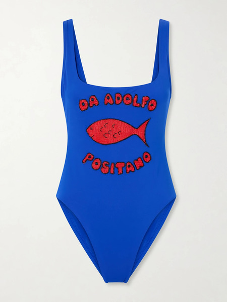 Staud   + Da Adolfo Lea Beaded Swimsuit   Blue 