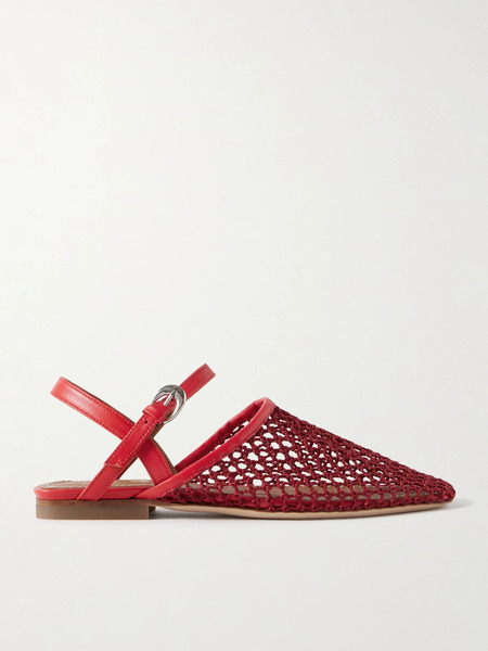  Staud   Rete Leather Trimmed Crocheted Slingback Flats   Red 