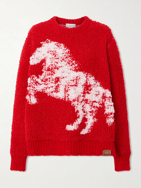  Stella Mccartney   Oversized Distressed Jacquard Knit Wool Blend Fleece Sweater   Red 
