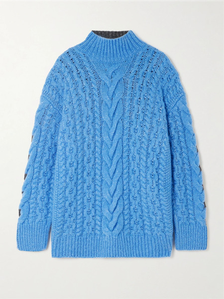  Stella Mccartney   Oversized Two Tone Cable Knit Alpaca Blend Turtleneck Sweater   Blue 