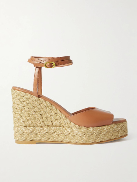  Stuart Weitzman   Barelynude Leather Espadrille Wedge Sandals   Tan 