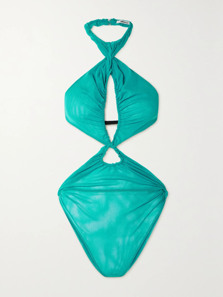  Supriya Lele   Backless Cutout Ruched Mesh Halterneck Bodysuit   Turquoise 