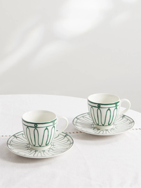  Themis Z   Kyma Set Of Two Painted Porcelain Cups And Saucers   Green 