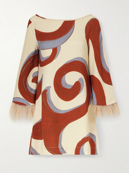  Themis Z   Kyra Sabra Feather Trimmed Printed Crepe Mini Dress   Multi 