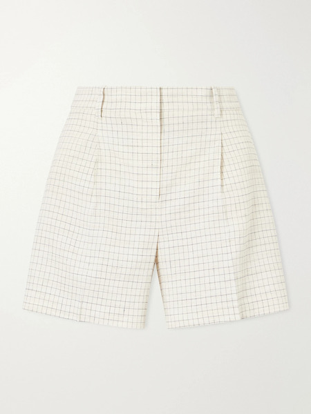 Theory   Fluid Checked Linen Blend Shorts   Off White 