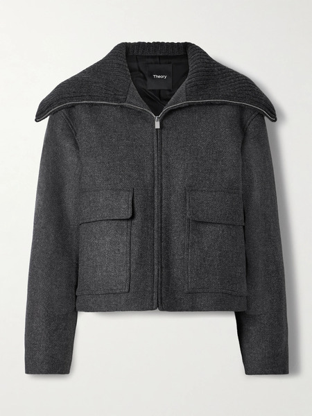  Theory   Ribbed Wool Trimmed Wool Blend Twill Jacket   Charcoal 