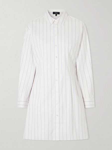  Theory   Striped Cotton Blend Poplin Mini Dress   White 