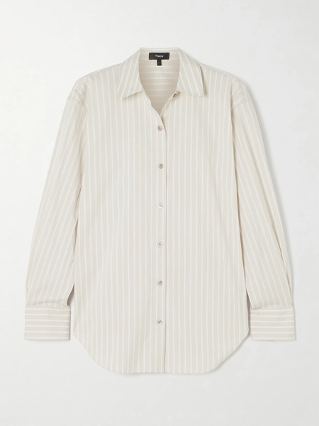  Theory   Striped Cotton Blend Poplin Shirt   Sand 