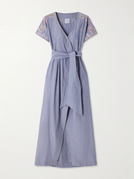  Thierry Colson   Embellished Embroidered Cotton And Silk Blend Maxi Wrap Dress   Blue 