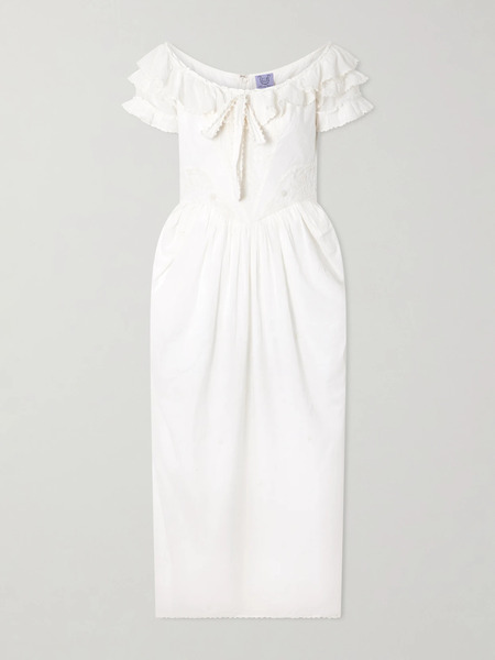  Thierry Colson   Falbala Off The Shoulder Bow Detailed Ruffled Pleated Embroidered Cotton Voile Midi Dress   White 