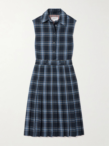  Thom Browne   Belted Checked Wool And Linen Blend Midi Dress   Blue 